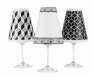 Modern geometric cube, greek key and 3D line pattern paper red wine glass shades.