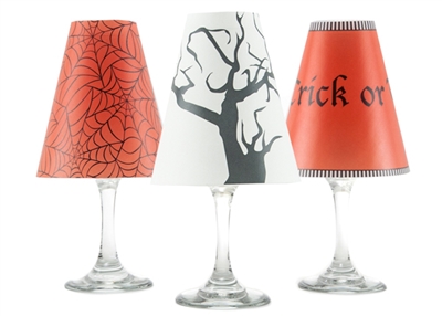 Halloween Trick or Treat White Wine Glass Shades - Set of 6 by di Potter tree spider web orange white black vellum paper wine glass and flameless tea lights