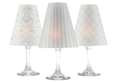 Set of 6 coordinating lace, netting and stripe pattern white wine glass shades.  Part of Linen & Lace collection by di Potter. white and gray. Made in the USA.