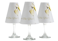 Happy New Year translucent paper white wine glass shades by di Potter. New Year shades.  Set of 6 white wine shades of the same pattern with champagne image.