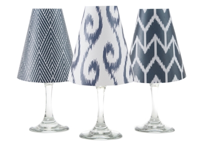 Coordinating Ikat brick, swirl and diamond paper white wine glass shades. Available in Bahama Blue, Aqua, Rose and Midnight Blue  Made in the USA.