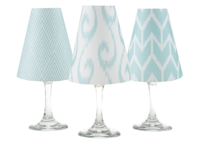 Coordinating Ikat brick, swirl and diamond paper white wine glass shades. Available in Bahama Blue, Aqua, Rose and Midnight Blue  Made in the USA.