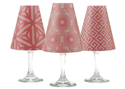 Set of 6 coordinating key, kaleidoscope and classic pattern translucent paper white wine glass shades by di Potter.  Made in the USA.