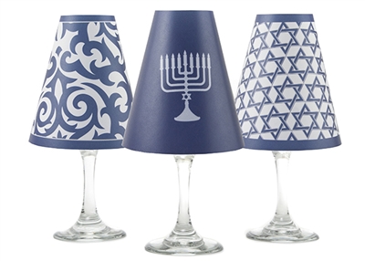 Set of 6 coordinating menorah, star of david and ginger jar pattern translucent paper white wine glass shades by di Potter.  Made in the USA