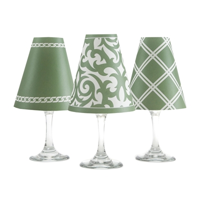 Santa Barbara White Wine Glass Shades  Set of 6 by di Potter. Coral Olive Green Ginger Jar pattern chain pattern link double lines paper vellum new collection for use with wine glasses and flameless tea lights