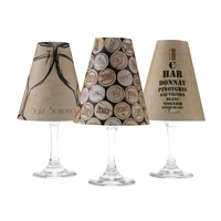 Set of 6 coordinating wine bottle, cork and cheers pattern translucent paper white wine glass shades.  Available in parchment and white.  Made in the USA,