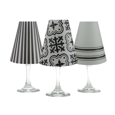 Modern Farmhouse White Wine Glass Shades  Set of 6 by di Potter. Stripe, tile and solid  pattern paper vellum new collection for use with wine glasses and flameless tea lights