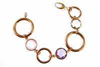 Beautiful 18k Rose Gold Chain Link Bracelet enhanced by the warmth of three Bezel set Gemstones. Soft Pink Quartz, Purple Amethyst & pale Green Amethyst give a designer look, yet stay neutral in color. Lobster Clasp. Made in  Italy by Zoccai