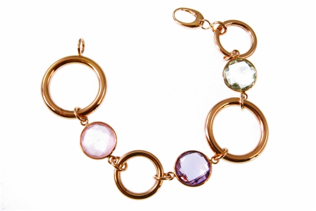 Beautiful 18k Rose Gold Chain Link Bracelet enhanced by the warmth of three Bezel set Gemstones. Soft Pink Quartz, Purple Amethyst & pale Green Amethyst give a designer look, yet stay neutral in color. Lobster Clasp. Made in  Italy by Zoccai