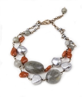 A double strand Sterling Silver chain Bracelet featuring Labradorite Gemstones, Coral and Grey Freshwater Pearl accents. The chain is also enhanced with Pyrite Beads. Made in Italy by Mattio Mazza. Lobster Clasp, adjustable in Length 6 3/4" to 8"