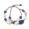 A double strand Sterling Silver chain Bracelet featuring Blue Kyanite & Peach Moonstone Gemstones with White Pearl accents. The chain is also enhanced with Pyrite Beads. Made in Italy by Matio Mazza. Lobster Clasp, adjustable in Length 6 3/4" to 8"