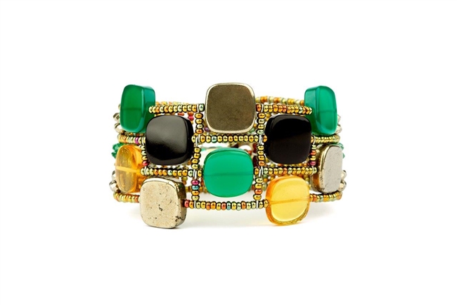 This Cubic Cuff Bracelet by Ziio is fun, colorful & unique in design. Mixed colors of polished Cube Gemstones create a checkerboard effect - Green Onyx, Black Onyx, Yellow Citrine & Pyrite. Hand crafted on stainless steel wire with murano glass beads.