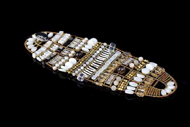 A stunning statement Cuff Bracelet with Citrine & Smokey Quartz Gemstones intermixed with various shapes of White Water Pearls, Mother of Pearl, Crystal and Silver Beads. Hand crafted in Italy by Ziio with Murano Glass seed Beads on Stainless Steel wire.