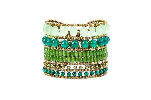 Various semi-precious Green Gemstones create this beautiful beaded  Cuff Bracelet by Ziio. Handcrafted using Aventurine, Jade, Chrysophase, Malachite, Murano Glass Seed Beads on Stainless wire. Sterling Silver Button Closure, adjustable  length.