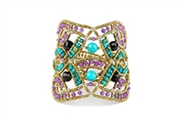 This beautiful Blue Turquoise Gemstone Cuff Bracelet is hand crafted by Ziio and features an intricate net/lace design, accented with Purple Amethyst Gemstones. Made with stainless steel wire & golden Murano Glass seed Beads. Made in Italy.