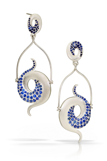 Double Galaxy Earring are true art-to-wear. Hand crafted with pave set Lab Created Blue Sapphire Gemstones in Argentium Silver these designer chandelier Earrings are as unique as you are. By Martha Seely