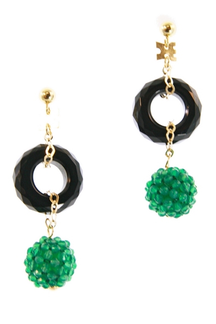 Made in Italy by Rajola, a sphere of Green Agate Gemstones descend from a faceted ring of Black Onyx. Tiny Green Agate beads have been hand woven onto a sphere to create this unique effect. The post and chain links are made of 18k Yellow Gold. L 2"