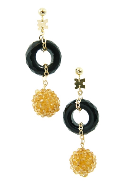 Crafted in Italy by Rajola, a sphere of Citrine Gemstones descend from a ring of Black Onyx. Tiny Citrine beads have been hand woven onto a sphere to create this unique effect. The post and chain links are made of 18k Gold.