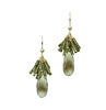 A faceted Lemon Quartz Gemstone drop is given a unique look with a fan cluster of Green Jade Beads above.  Beautiful, unusual designer drop Earrings by Silver Pansy. Made in the U.S. Gold Filled Sterling Silver. Hooks. Length 1 5/8", Width 5/8"