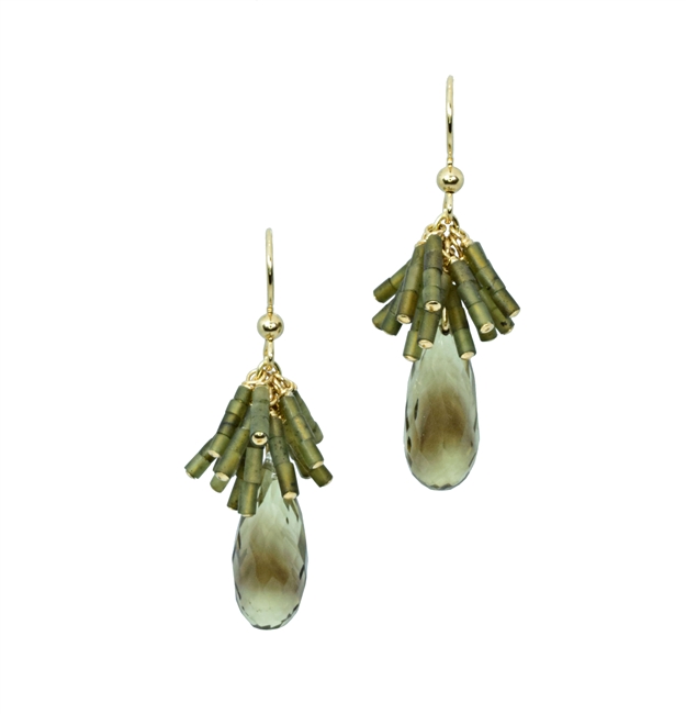 A faceted Lemon Quartz Gemstone drop is given a unique look with a fan cluster of Green Jade Beads above.  Beautiful, unusual designer drop Earrings by Silver Pansy. Made in the U.S. Gold Filled Sterling Silver. Hooks. Length 1 5/8", Width 5/8"