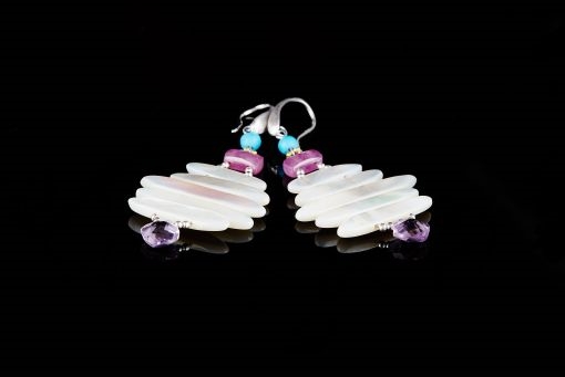 Mother of Pearl Earrings by Ziio could easily replace classic Pearls. A contemporary feel & just a hint of color with a Turquoise Bead and Amethyst Gemstone drop, they are neutral in color, can go with any outfit. 925 Sterling Silver Posts. Made in Italy