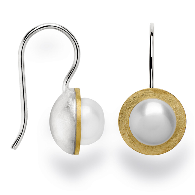 Beautiful & classic in design - these White Cultured Pearl drop Earrings are just what you have been looking for. Made in Germany by Bastian, they are done in two-tone Sterling Silver, White & Gold plated, and hold a lustrous White Pearl at the center