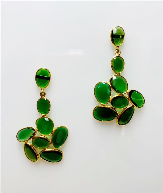 Stunning bezel set Green Tsavorite Garnet Drop Earrings. The rare Tsavorite Garnet is a beautiful, vibrant emerald green. Set in 18k Yellow Gold, made in Italy. A unique design that can take you from day to evening. Length 1 1/2 inch. 8.91ctw