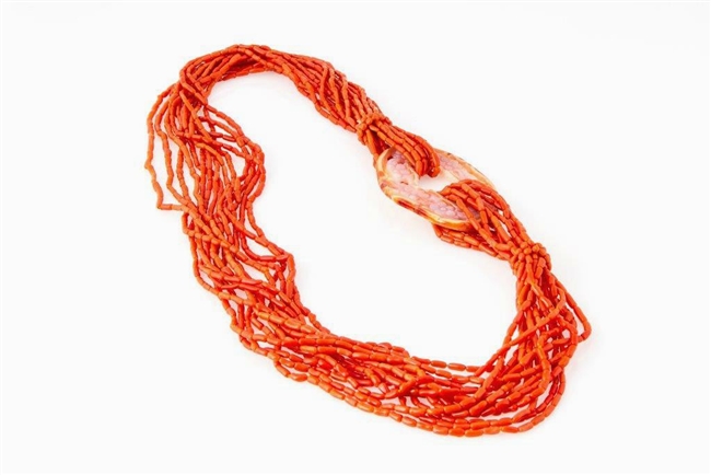 Stunning, multi-strand, Sciacca Coral Necklace by Rajola. Coral Nugget Necklace has a large, hand carved, Carnelian Medallion that holds the strands. No Latch. Sciacca Coral is 2,000 to 5,000 year old petrified Coral.
