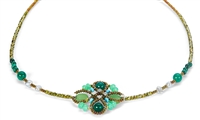 Ziio's Knott Necklace in a beautiful medley of Green Gemstones - Malachite, Chrysoprase & Zircon. A Flower Knott at the center is the focus of this piece. Hand crafted in Italy with Murano Glass seed beads on stainless steel wire.