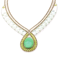 Beaded Pendant Necklace has polished Apple Green Onyx Cabochon accented with Green Peridot & Fluorite Gemstone and White Fresh Water Pearls. Soft hues make this piece noticeable. Hand crafted in Italy. Sterling Button Closure. Adjustable length 18" to 16"