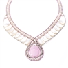 Beaded Pendant has polished Pink Rhodochrosite Gemstone accented with Silver Beads, Mother of Pearl and White Fresh Water Pearls. Soft hues make this piece noticeable. Hand crafted in Italy. Sterling Button Closure. Adjustable length 18" to 16".