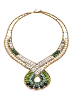 A striking Art-to-Wear piece by Ziio - this "Senso" Necklace is done in Green Malachite & Jade Gemstones.  Accented with light Blue Aventurine, Silver Beads & White Water Pearls.  Hand crafted on stainless steel wire with Murano Glass seed beads.
