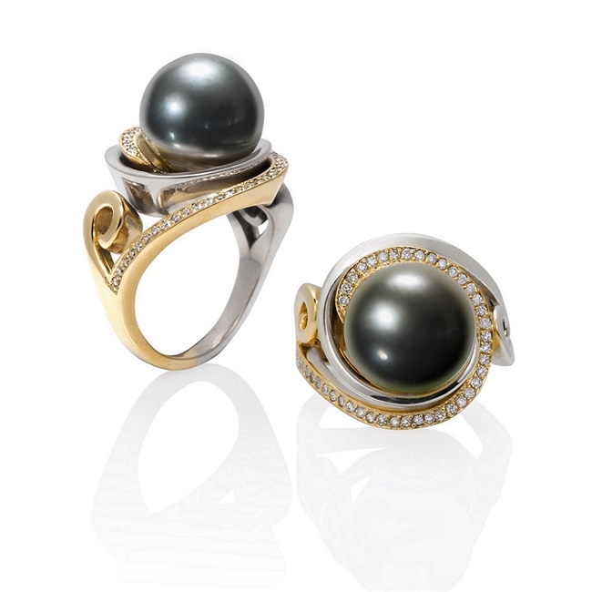 Martha Seeley's Nebula Ring in 2-tone 14K Yellow Gold & Argentium Silver.  This designer Ring features a 12mm Tahitian Pearl at the center & Pave Diamonds surrounding it. Size 7