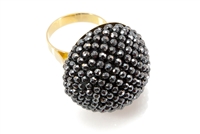 Small faceted Hematite Beads hand woven into a Sphere. Silver-Grey Hematite gives a subtle look, while high polish gives incredible sparkle. The mounting and Ring band are in 18K Yellow Gold. Made in Italy by Rajola. Width 1 1/8" Size 7. Can be re-sized