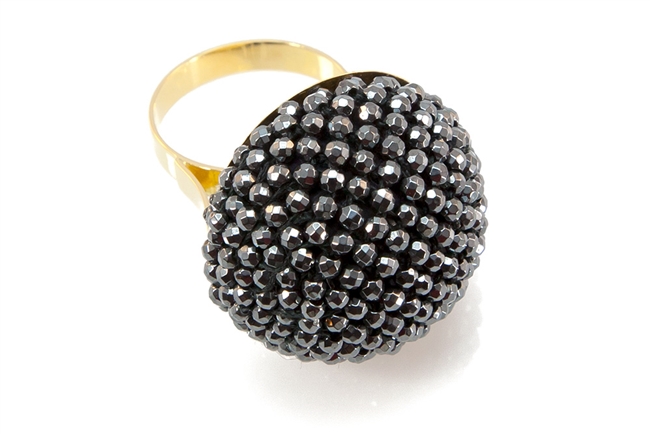 Small faceted Hematite Beads hand woven into a Sphere. Silver-Grey Hematite gives a subtle look, while high polish gives incredible sparkle. The mounting and Ring band are in 18K Yellow Gold. Made in Italy by Rajola. Width 1 1/8" Size 7. Can be re-sized