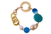 Natural Tan Horn link Bracelet with random accents of  a large Baroque Pearl, Turquoise, Blue Agate & Chalcedony Gemstones. The links are held together with Rose Gold plated 925 Sterling Silver Chain links. 8" in length. Lobster Clasp. Made in Italy