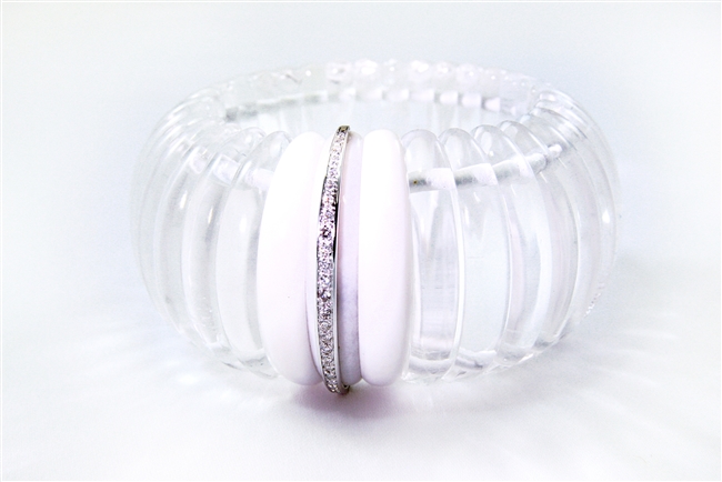 Stunning, natural Rock Crystal Cuff Bracelet by Sanalitro Gioelli can not be duplicated. Hand cut Crystal makes up the wide band with three White Agate Gemstones at center - one inlaid with White Diamonds (0.28ctw). Made in Milan, Italy. Elastic band.