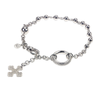 Tuum's Rosario Bracelet is a tribute to the symbolic and aesthetic beauty of the "Rosarium". The Beads & chain are all done in 925 White Rhodium plated Sterling Silver. The Ring has a micro sculpture of the Lords prayer in latin relief. Flor Charm