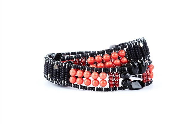 From Ziio's Twilight Collection. This double wrap Boa Bracelet is a beautiful blend of various hues of Red & Orange outlined in Black. Malachite, Carnelian, Zircon, Black Tourmaline & Murano Glass Beads. 925 Sterling Silver Button Closure,