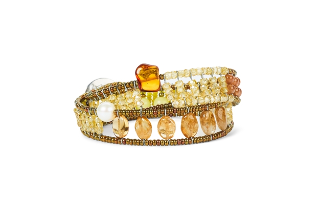 From Ziio's Tabiz Collection. Double wrap beaded Boa Bracelet features Citrine, Carnelian & Yellow Zircon Gemstones. Contemporary & fun. Can be worn as a Choker. Hand crafted in Italy using stainless steel wire & Murano glass beads. SS button closure.