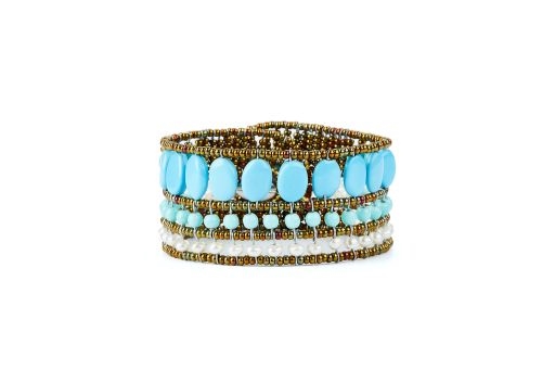 If you love Turquoise, but not the expense, this Cuff Bracelet by Ziio has all the beauty & craftsmanship you expect from them, but is done with imitation Turquoise. White Water Pearls, Murano Glass Beads, 925 Sterling Silver Button Closure. Hand crafted