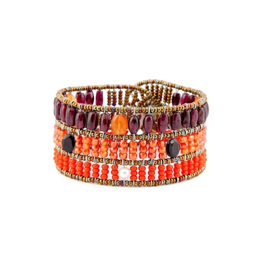 From Ziio's new Fenice Collection - this Cuff Bracelet features a blend of Red Garnet with Orange Carnelian & Zircon Gemstones, accented with Black Spinel & White Pearls. Made with Murano Glass Beads on Stainless Steel Wire. Hand crafted in Italy.