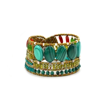 From Ziio's new Spring/Summer Collection the "Goiaba" Cuff Bracelet done in Green Malachite & Zircon Gemstones. Accented with Jade, Red Onyx and Murano Glass Seed Beads. On stainless steel wire with a Sterling Silver Button Closure. Width 1 1/2"
