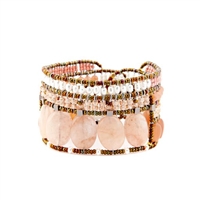 From Ziio's new Spring/Summer Collection the "Goiaba" Cuff Bracelet done in Peach/Pink Morganite & Moonstone Gemstones. Accented with White WaterPearls and Murano Glass Seed Beads. On stainless steel wire with a Sterling Silver Button Closure.