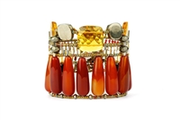 Stunning statement Cuff Bracelet from Ziio. Large cylindrical Red Onyx Gemstones are hi-lighted by Citrine Gemstones & Pyrite Beads. The designers love of ancient architecture was surely the inspiration for this design. Hand crafted in Italy.