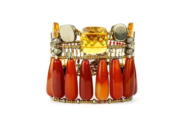 Stunning statement Cuff Bracelet from Ziio. Large cylindrical Red Onyx Gemstones are hi-lighted by Citrine Gemstones & Pyrite Beads. The designers love of ancient architecture was surely the inspiration for this design. Hand crafted in Italy.