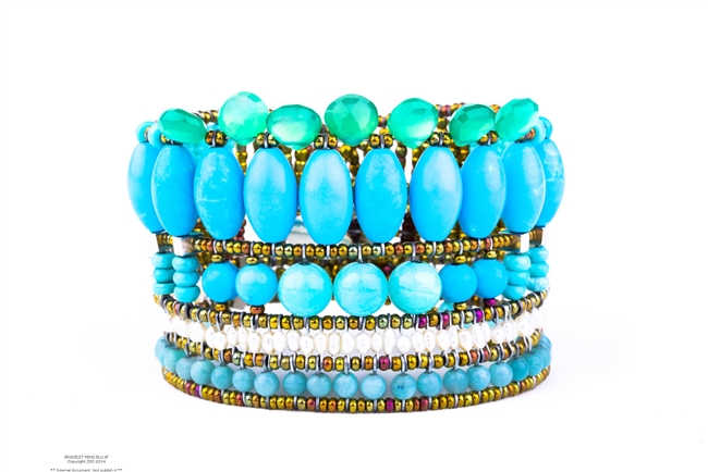 Ziio's Ming Cuff Bracelet. Rows of Turquoise, Amazonite & Magnesite Gemstones, hi-lighted by White Seed Water Pearls and Green Chrysoprase Beads. Hand crafted in Italy using Murano Glass seed Beads on Stainless Steel wire. Sterling Silver Button closure.