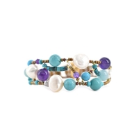 Ziio's new "Shinju" beaded Cuff features a beautiful blend of Blue Gemstones - Amazonite & Magnesite - with Purple Amethyst & White Pearls  in a light, open work design. Hand crafted using Stainless Steel wire with Murano Glass Beads for the framework.