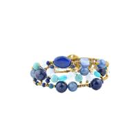 Ziio's new "Shinju" beaded Cuff features a beautiful blend of Blue Gemstones - Lapis, Iolite, Agate & Amazonite - in a light, open work design. Hand crafted using Stainless Steel wire with Murano Glass Beads for the framework.
