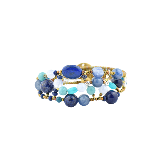 Ziio's new "Shinju" beaded Cuff features a beautiful blend of Blue Gemstones - Lapis, Iolite, Agate & Amazonite - in a light, open work design. Hand crafted using Stainless Steel wire with Murano Glass Beads for the framework.